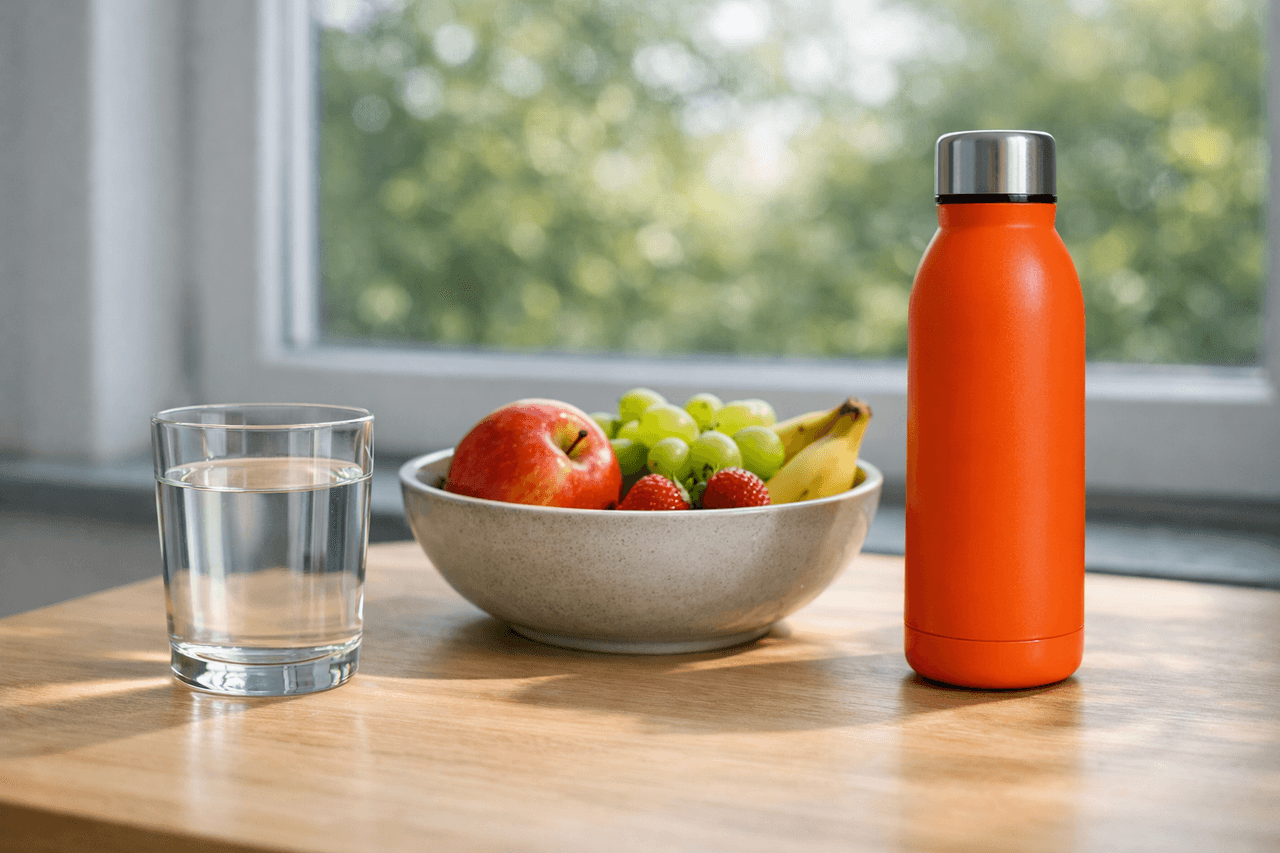 Glas Wasser, Obstschale mit Apfel, Trauben, Erdbeeren und Banane und eine orange Trinkflasche auf einem Holztisch vor einem Fenster mit grünen Bäumen