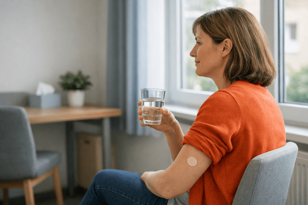 Frau in orangem Pullover sitzt mit einem Glas Wasser am Fenster, auf dem Oberarm ein kleines rundes Pflaster