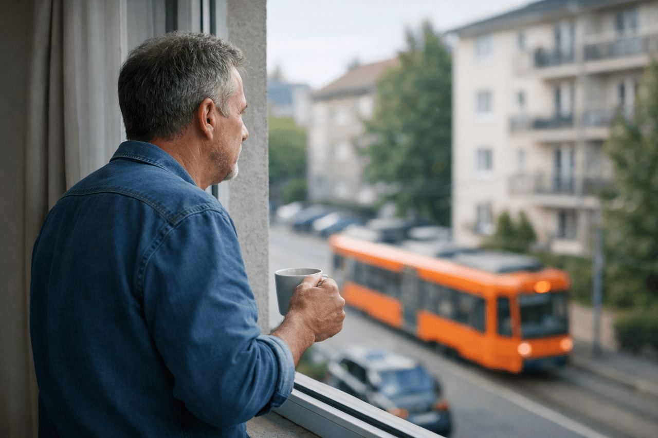 Mann im Jeanshemd steht mit einer Kaffeetasse am offenen Fenster und schaut auf eine Straße, auf der eine orange Straßenbahn fährt