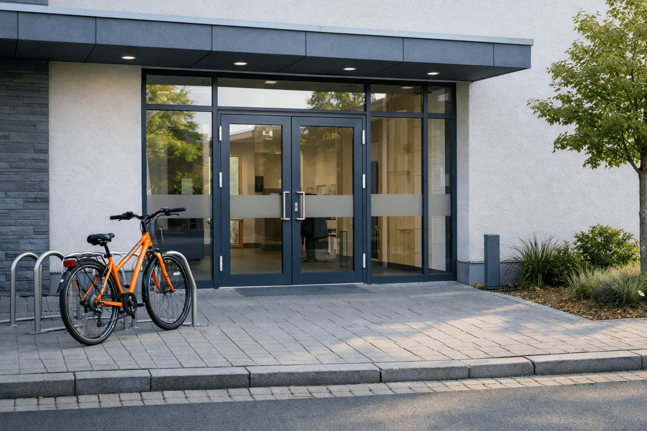 Eingang eines modernen Bürogebäudes mit Glastüren, davor ein oranges Fahrrad am Fahrradständer und ein junger Baum