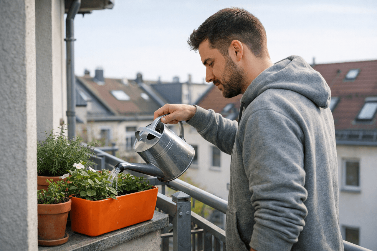 Junger Mann im grauen Kapuzenpullover gießt auf einem Stadtbalkon Pflanzen in einem orangen Blumenkasten, dahinter Hausdächer