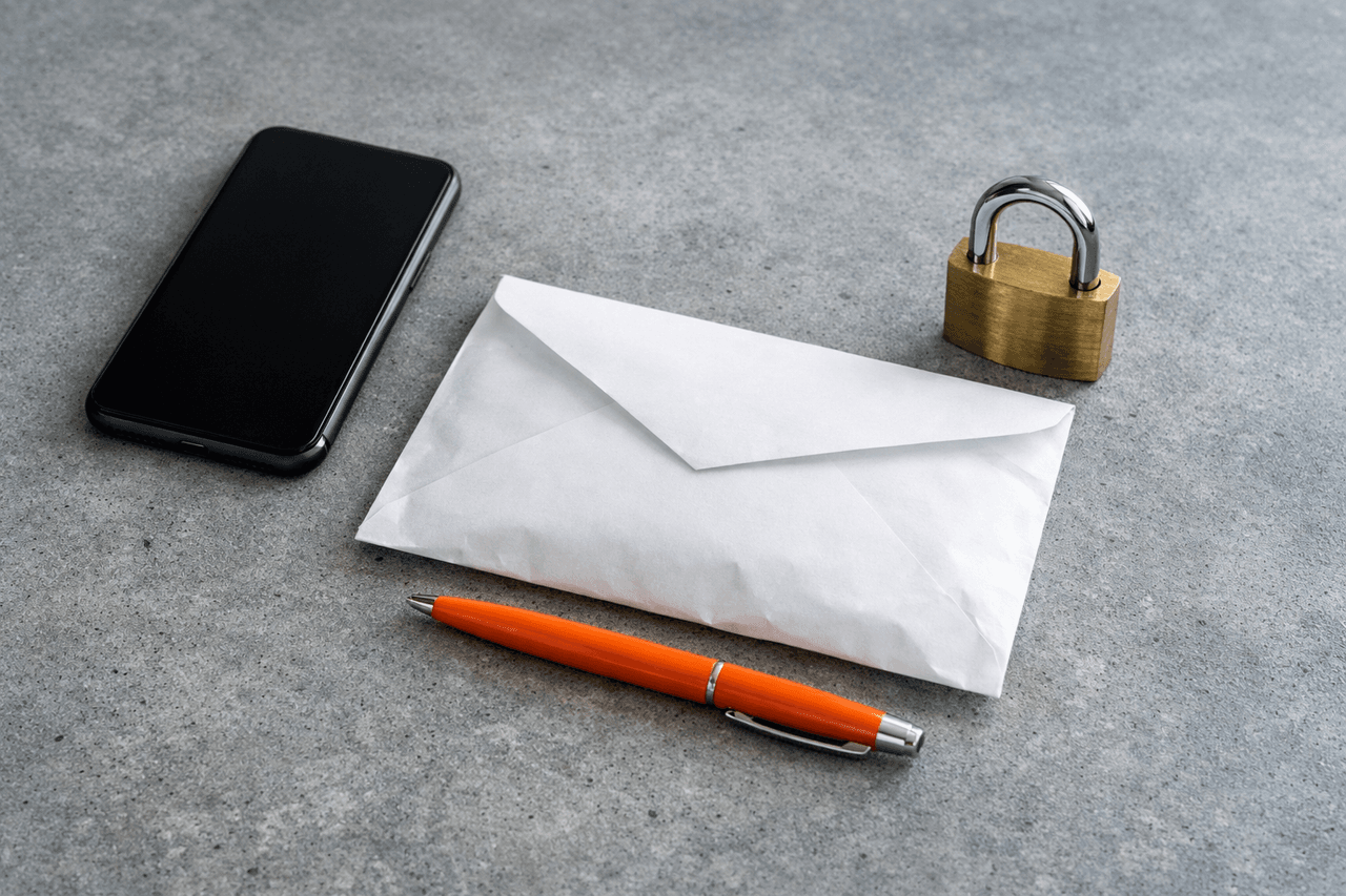 Smartphone mit dunklem Bildschirm, ein dicker weißer Umschlag, ein Vorhängeschloss und ein oranger Kugelschreiber auf grauem Beton