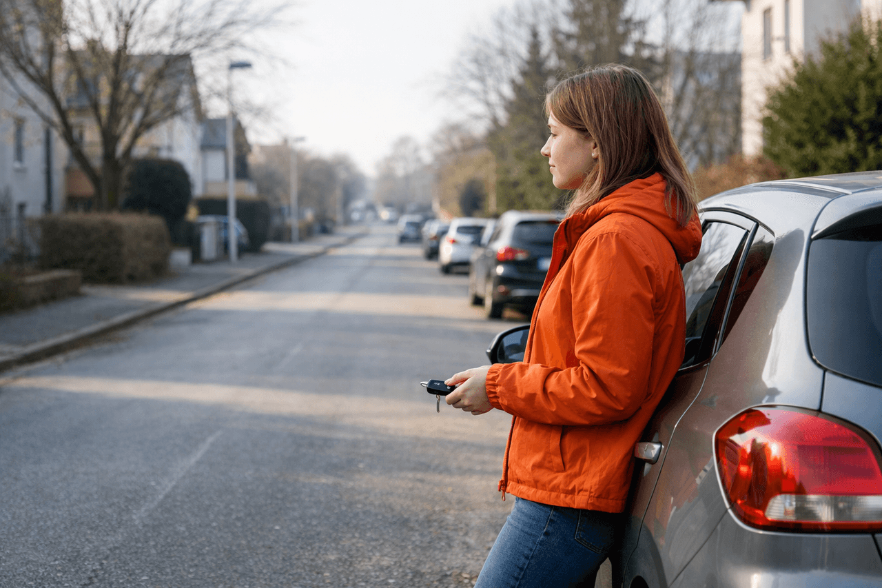 Junge Frau in oranger Jacke lehnt mit dem Autoschlüssel in der Hand an einem grauen Kleinwagen in einer ruhigen Wohnstraße