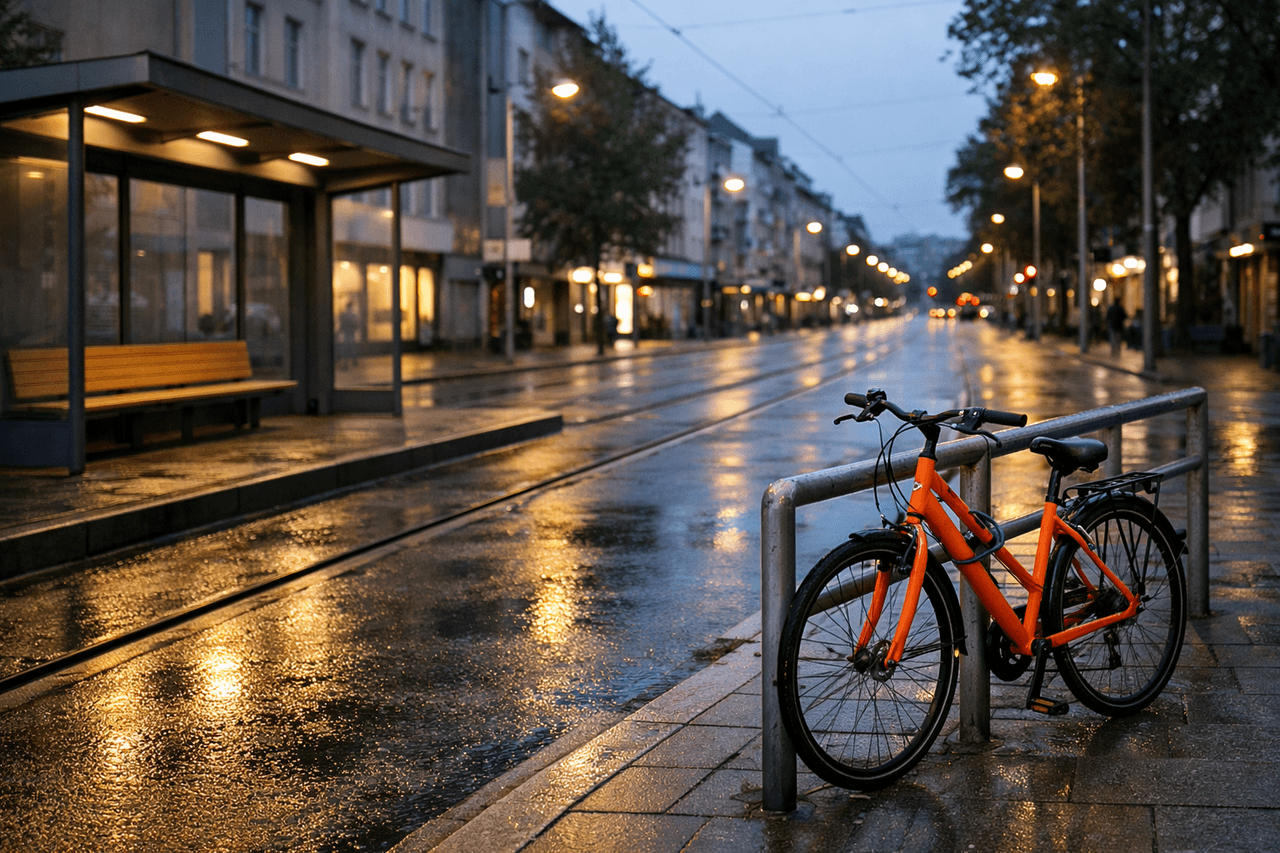 Regennasse Stadtstraße am Abend mit Straßenbahnschienen und leerer Haltestelle, vorne ein oranges Fahrrad an einem Geländer