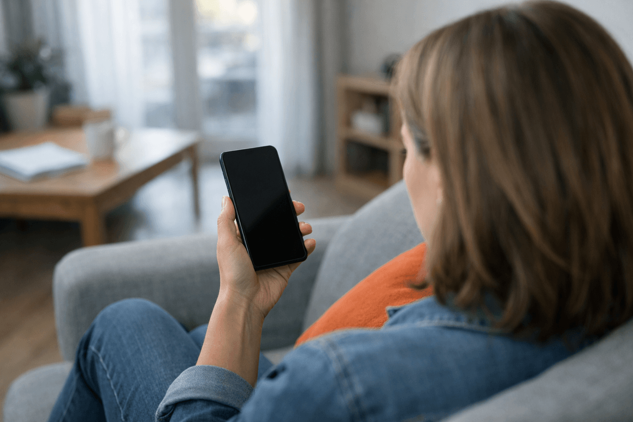 Frau auf einem grauen Sofa hält ein Smartphone mit dunklem Bildschirm, neben ihr ein oranges Kissen, von hinten über die Schulter gesehen