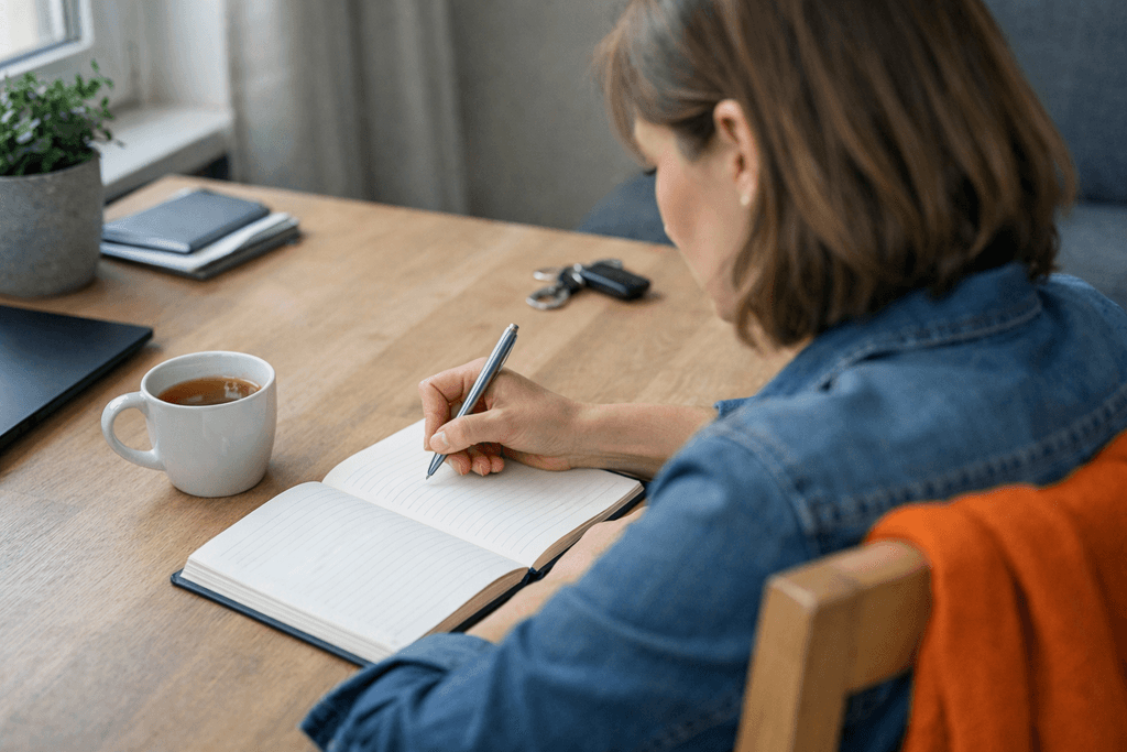 Frau in Jeansjacke schreibt am Schreibtisch in ein liniertes Notizbuch, daneben eine Tasse Tee, über der Stuhllehne ein oranger Schal
