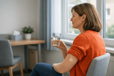 Frau in orangem Pullover sitzt mit einem Glas Wasser am Fenster, auf dem Oberarm ein kleines rundes Pflaster