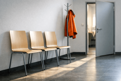 Leerer Wartebereich mit drei hellen Holzstühlen an einer weißen Wand, an der Garderobe hängt eine orange Jacke, daneben eine offene graue Tür