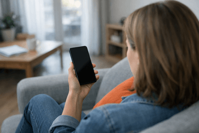 Frau auf einem grauen Sofa hält ein Smartphone mit dunklem Bildschirm, neben ihr ein oranges Kissen, von hinten über die Schulter gesehen